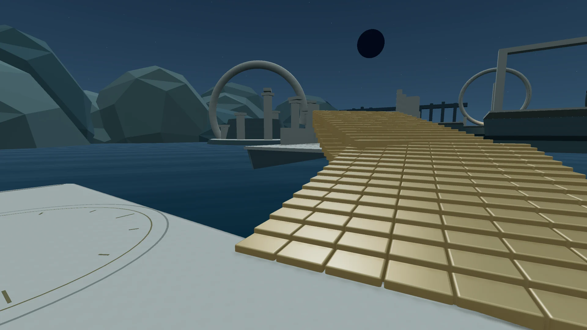 Living matter weaving a rising turn among the flooded observatory’s terraces and ruins at night.